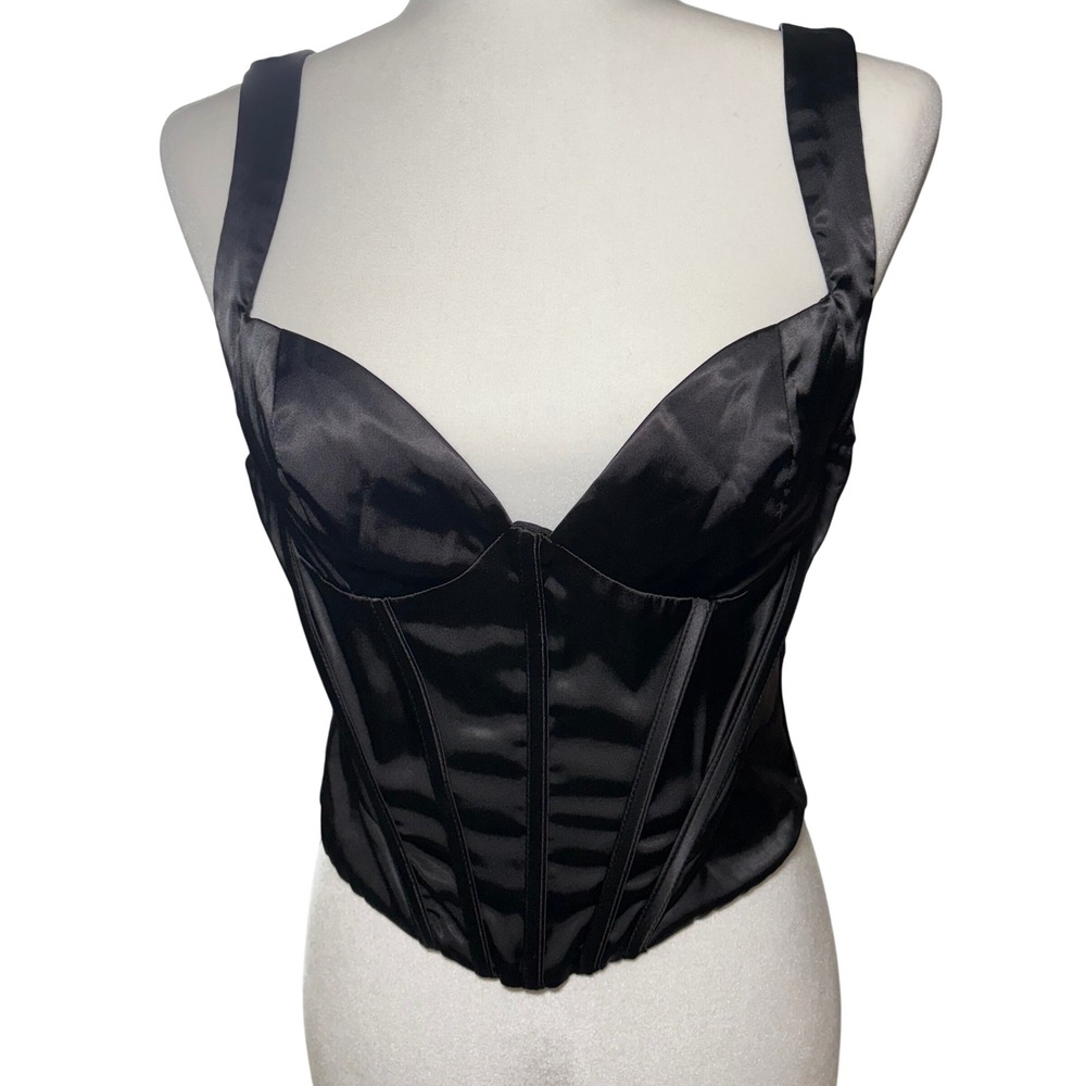 Forever 21 Black Satin Corset Top Sleeveless Bustier Size M Whimsigoth Vamp Goth